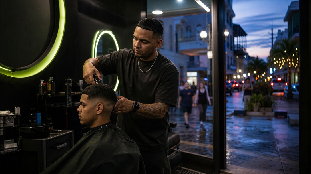 Barbero dando un fade en Barbería Calle Loíza, Santurce