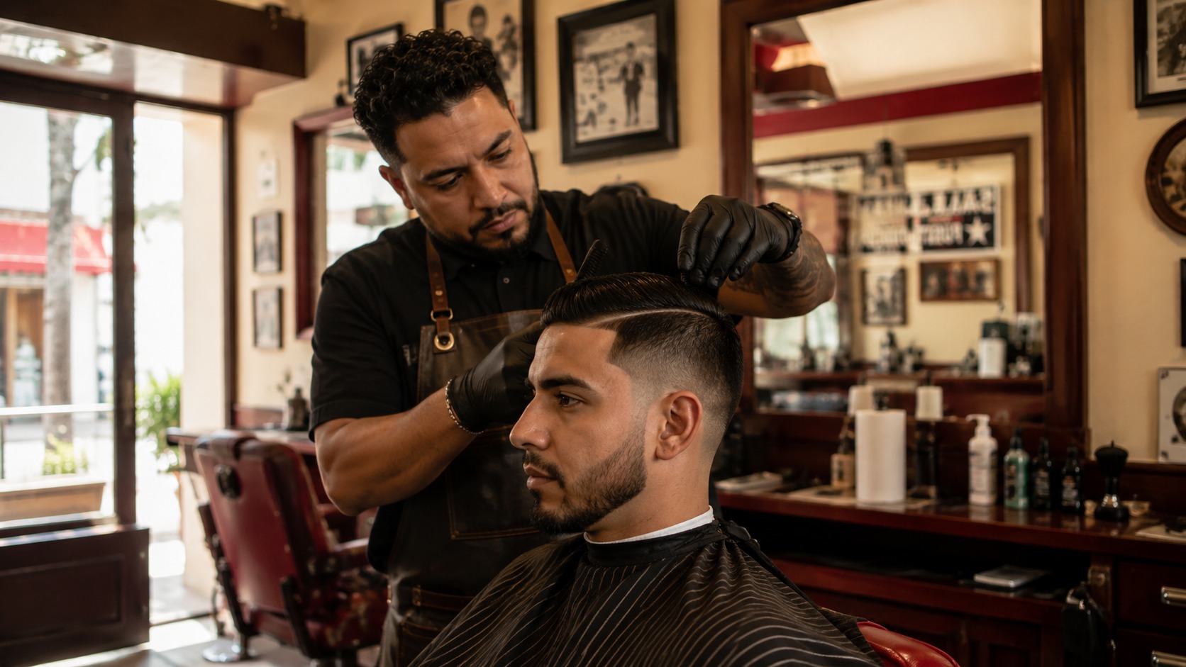 Kevin Torres atendiendo a un cliente en su barbería