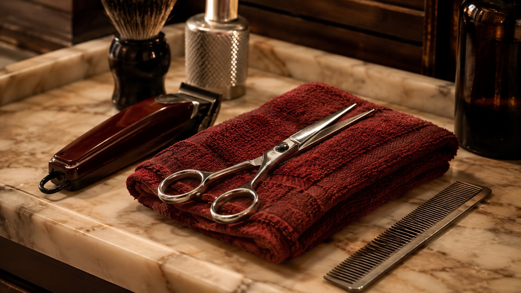 Herramientas de barbería sobre bandeja cream con acento rojo